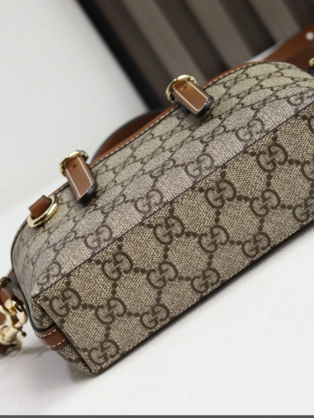Gucci Beige GG Canvas Top-Handle Crossbody Bag with Brown Leather Trim